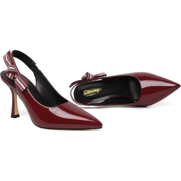 Women's Burgundy Leather High Kitten Heel Shoes Closed Pointed Toe Dress Pumps